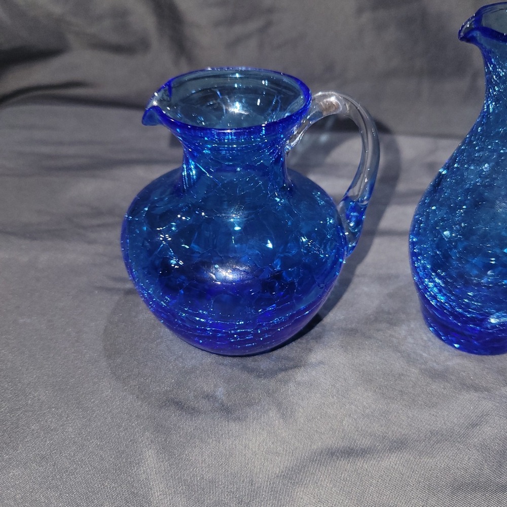 Vintage Mid Century Blue Hand Blown Crackle Small Pitchers Set Of 2 - Picture 3 of 10